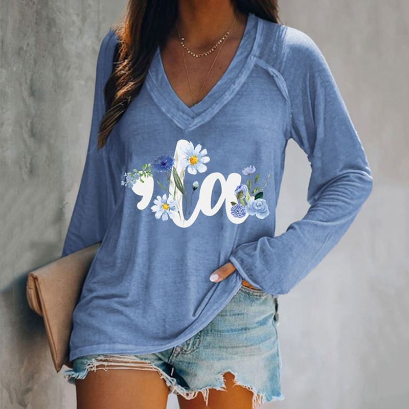 Comstylish Women's Feminist Print V-Neck Long Sleeve Casual T-Shirt