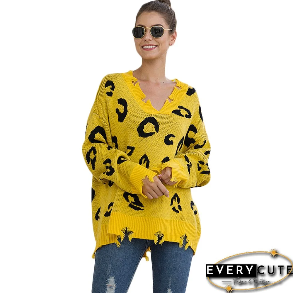 Yellow Leopard Print V Neck Sweater