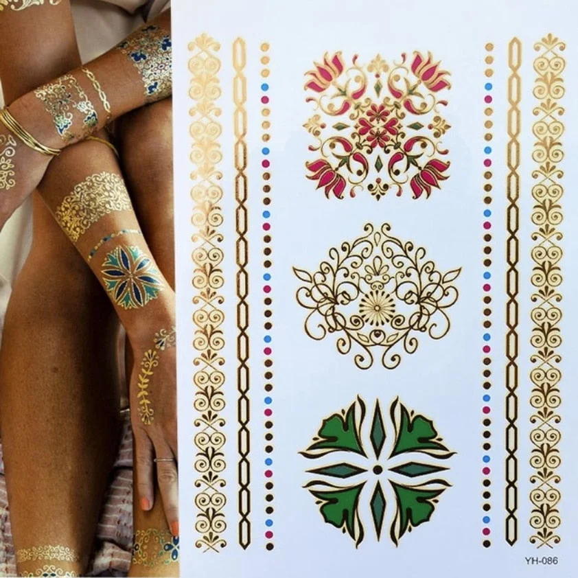 Women Body Art Gold Silver Metallic Tattoo Sticker Chain Bracelet Fake Jewelry Waterproof Temporary Tattoo Arm Sleeve Hand Wrist