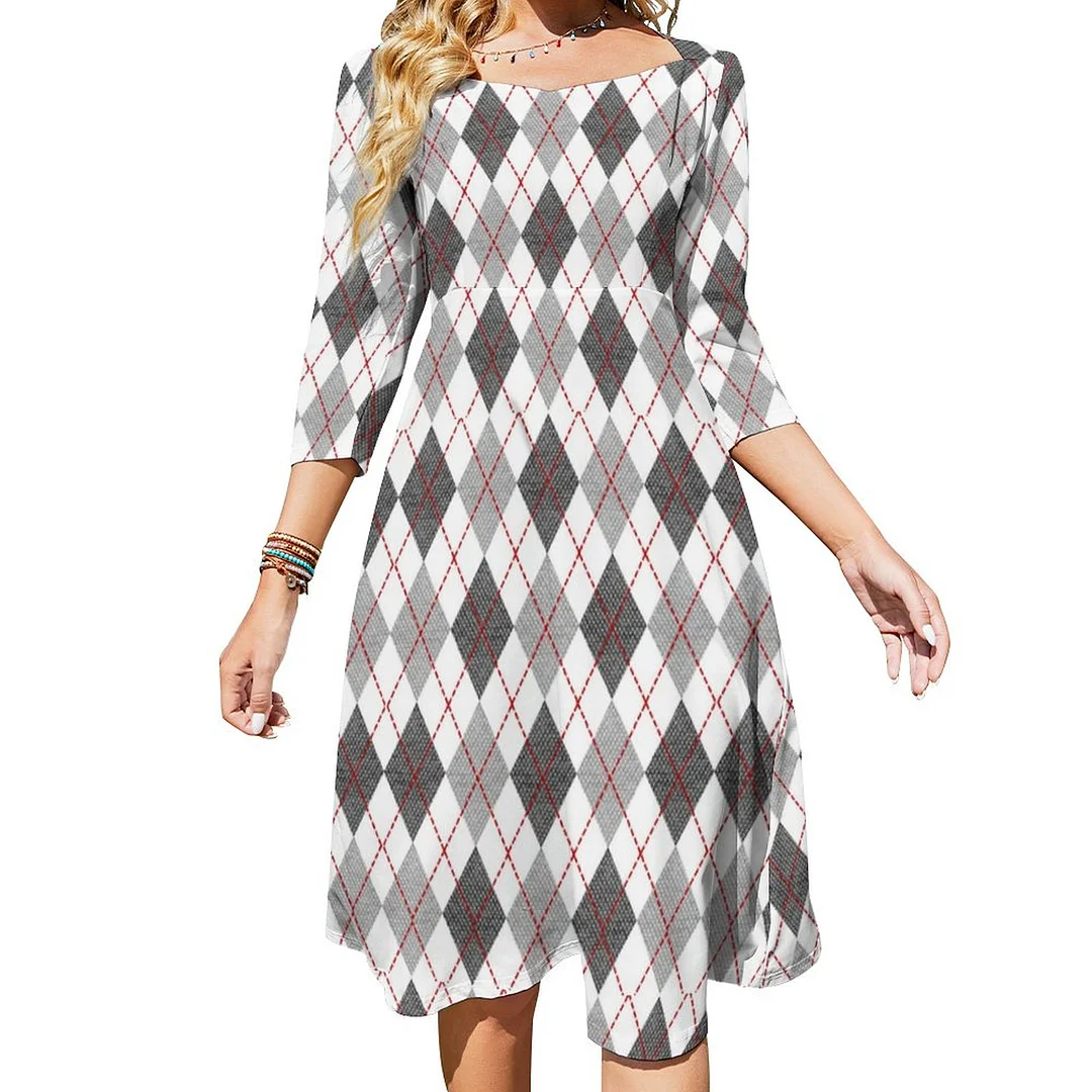 Argyle Plaid Red Gray Silver Dress Sweetheart Tie Back Flared 3/4 Sleeve Midi Dresses