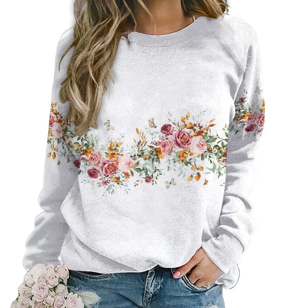 Printed Long Sleeve Casual Sweatshirt for  Women and Men Unisex Pattern Floral, Red, Green