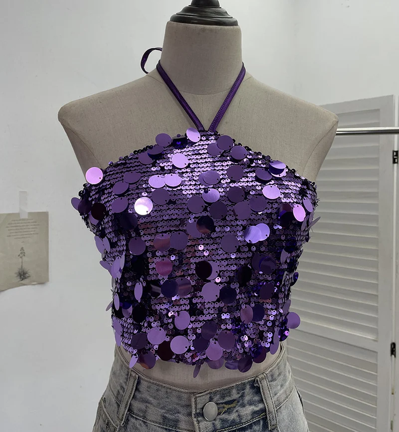 Uveng Heavy Industry Bling Bling Glide Hanging Neck Sling Vest One-Style Wrapping Tie With Large Bare Back Blouse 1083