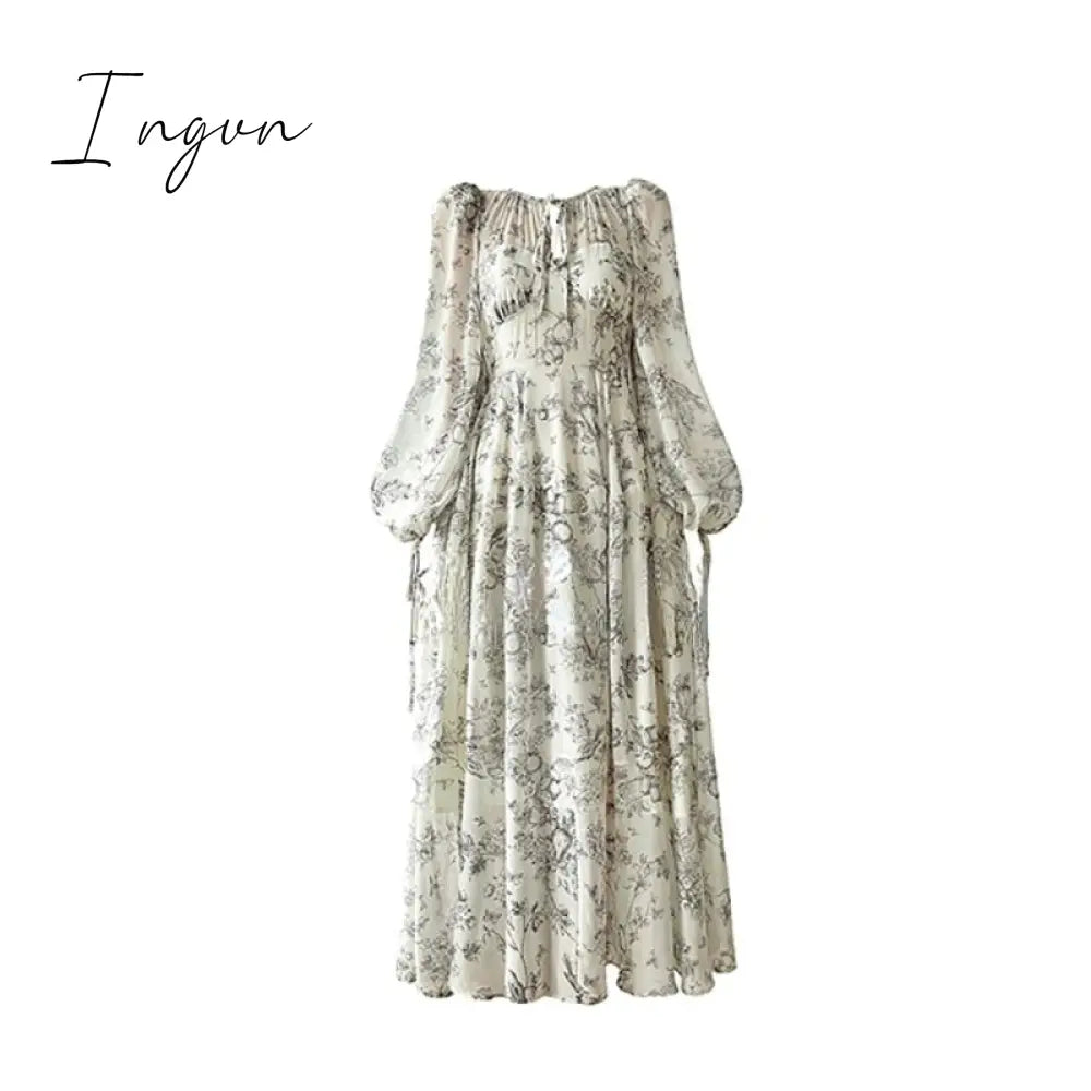 Ingvn - French Elegant Floral Midi Dress Woman Evening Party 2023 Summer Beach Fairy Long Sleeve
