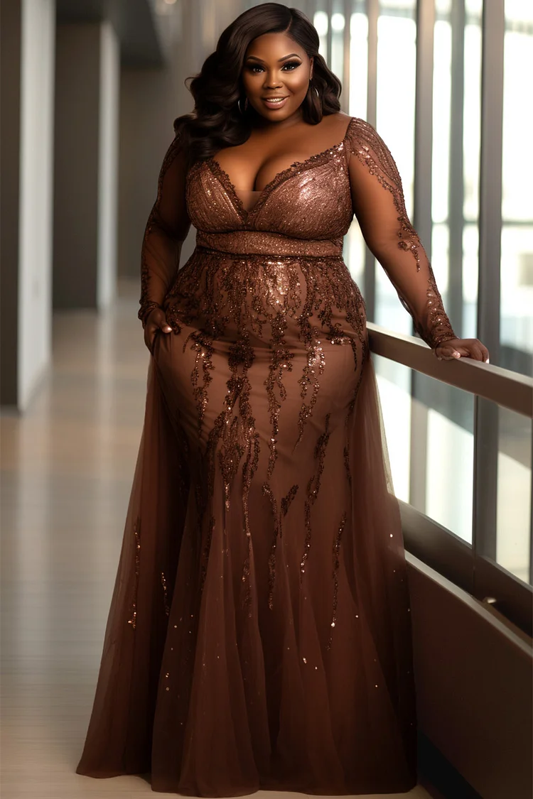 Xpluswear Design Plus Size Formal Brown V Neck Long Sleeve See Through Sequin Tulle Maxi Dresses [Pre-Order] 2024 - Xpluswear