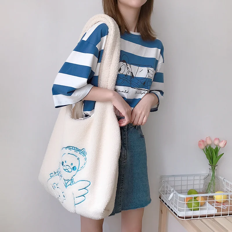 Woherb 2022 Women's Kawaii Lamb Fabric Shoulder Bag Handbag Tote Large Capacity Embroidery Shopper Bags Cute Bag for Girls New Design