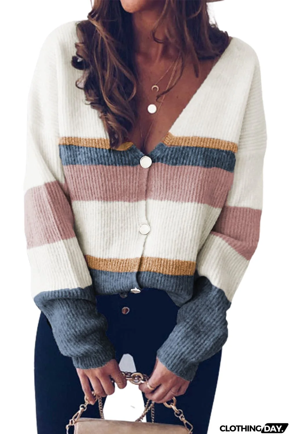 V Neck Button Closure Colorblock Knit Sweater