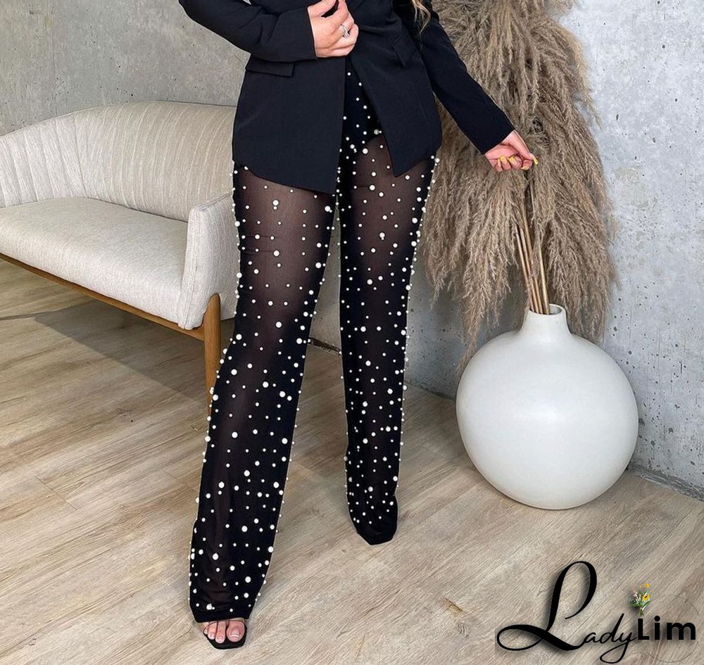 Autumn and winter women's elastic mesh bead trousers with bottoms