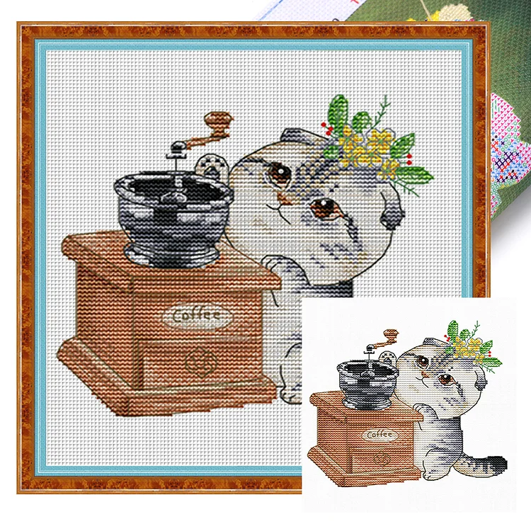 Spring-Cat By Coffee Machine (25*24cm) 14CT Stamped Cross Stitch gbfke