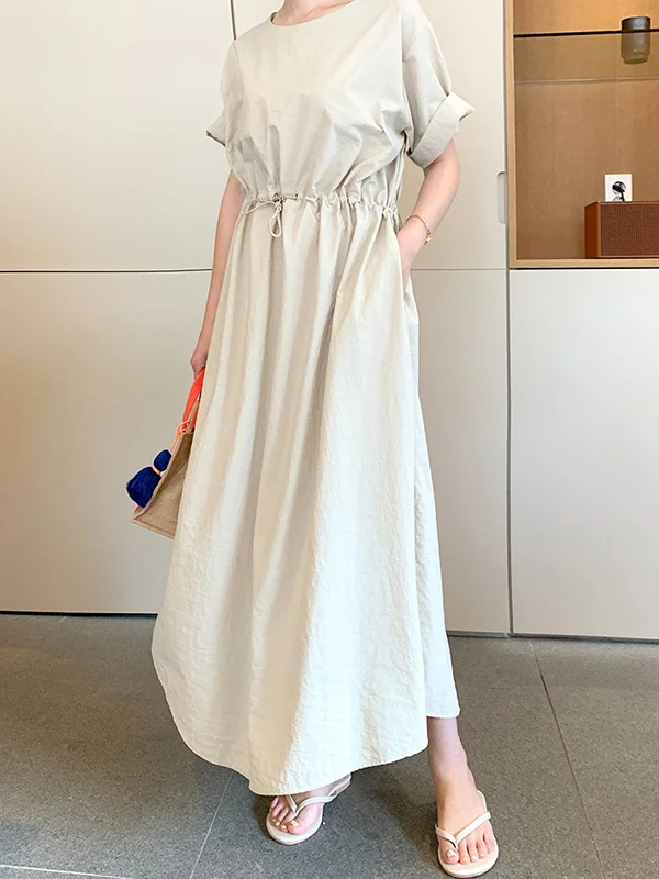 Casual Pure Color Drawstring Pleated Round-Neck Half Sleeves High-Waist Midi Dress