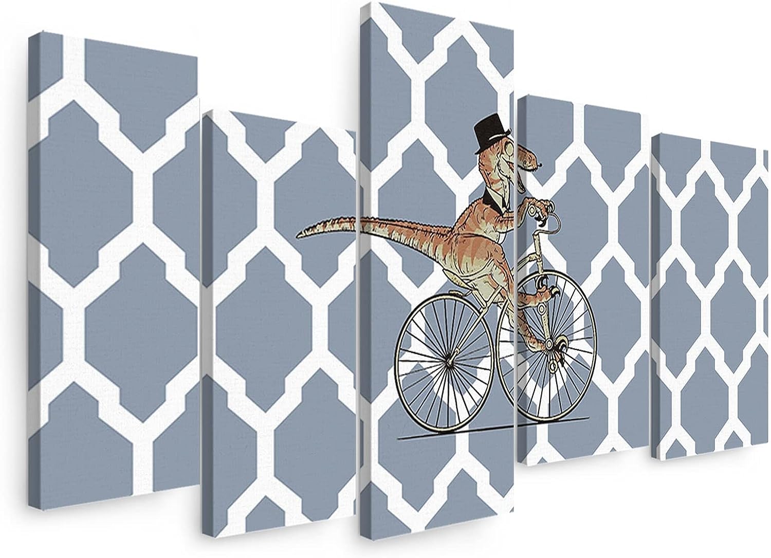 Sunteeny Canvas Wall Art 5 Piece Set for Living Room, Dinosaur With Moroccan Texture Grey Picture Wall Decor Canvas Print Painting for Bathroom, Bedroom, Dining Room, Office, 12&#034;x24&#034;x4pcs, 12&#034;x32&#034;x1pc