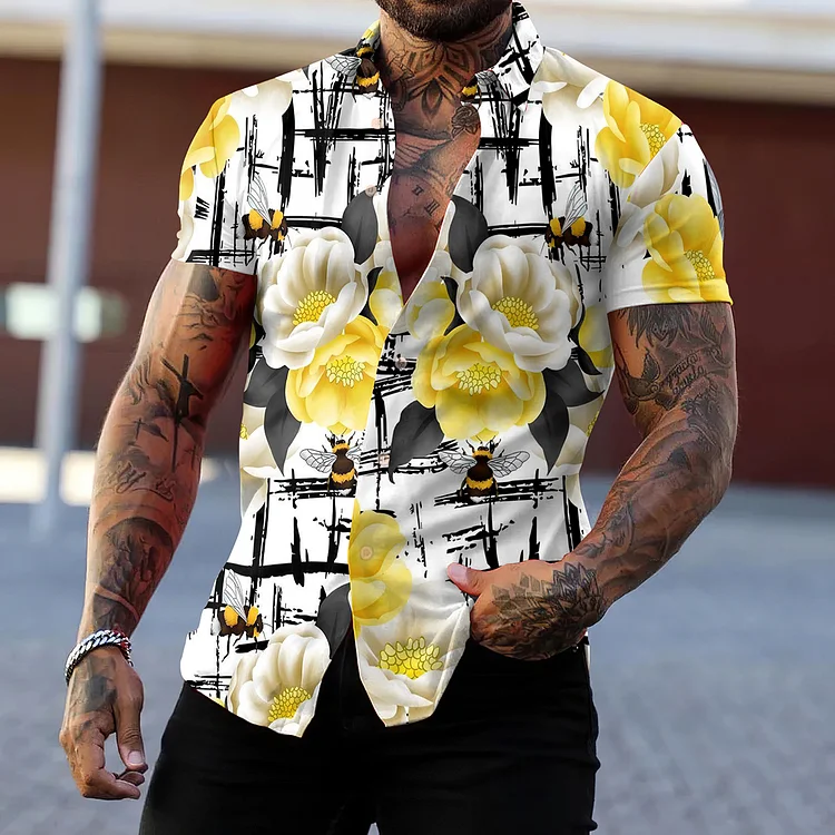 BrosWear Fashion Yellow Flower Print Short Sleeve Shirt