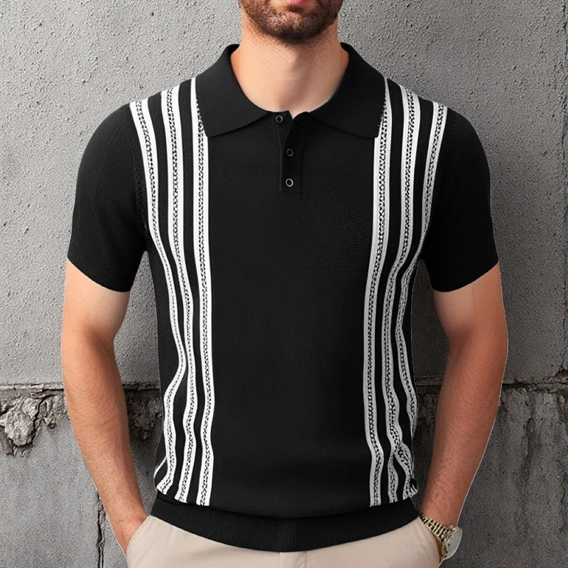 Uveng Uveng Men's Summer Short Sleeve Knit Dress Black Striped Business Casual POLO Shirt Men's SY0112