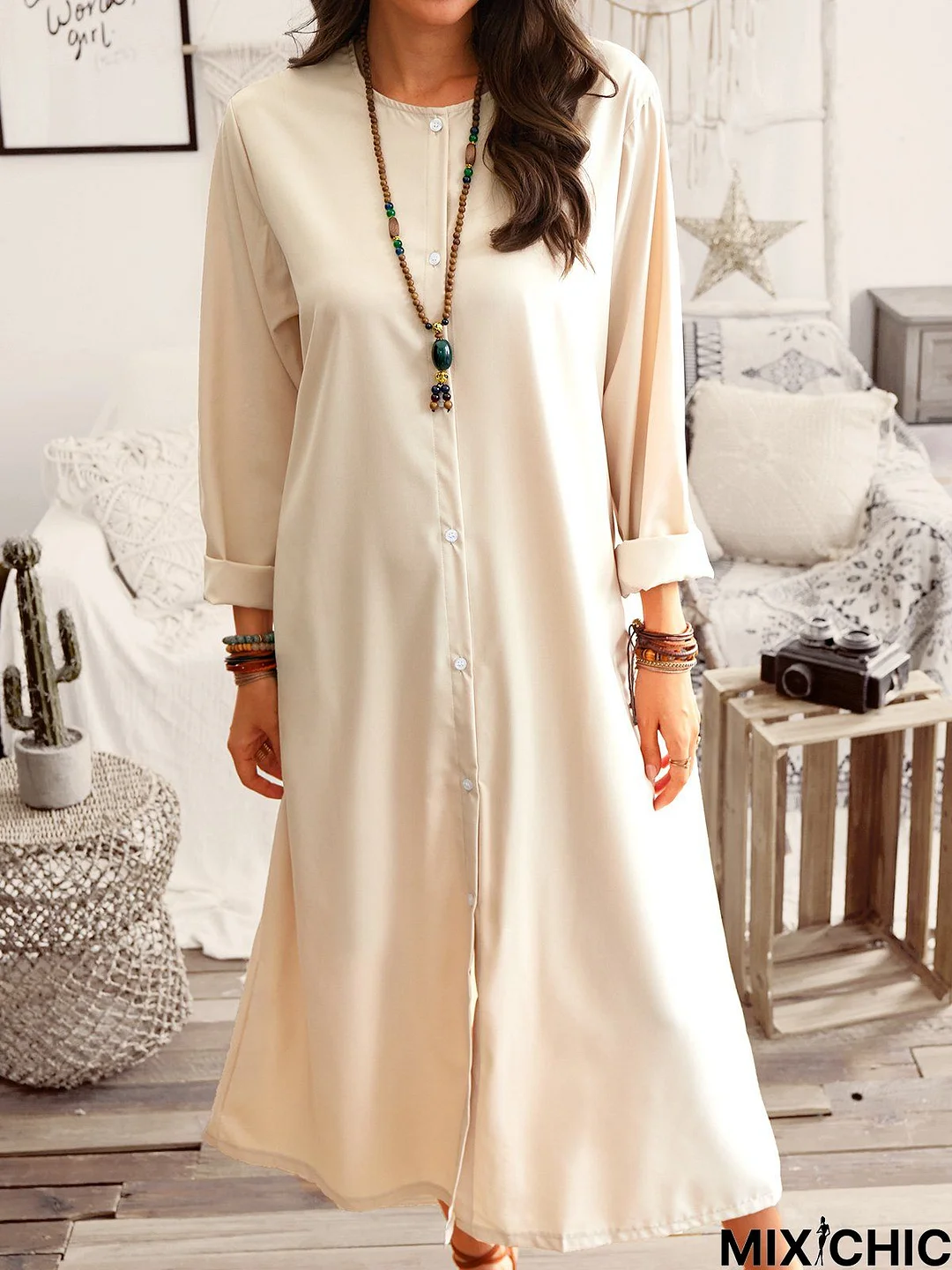 Long Sleeve Solid Casual V Neck Weaving Dress