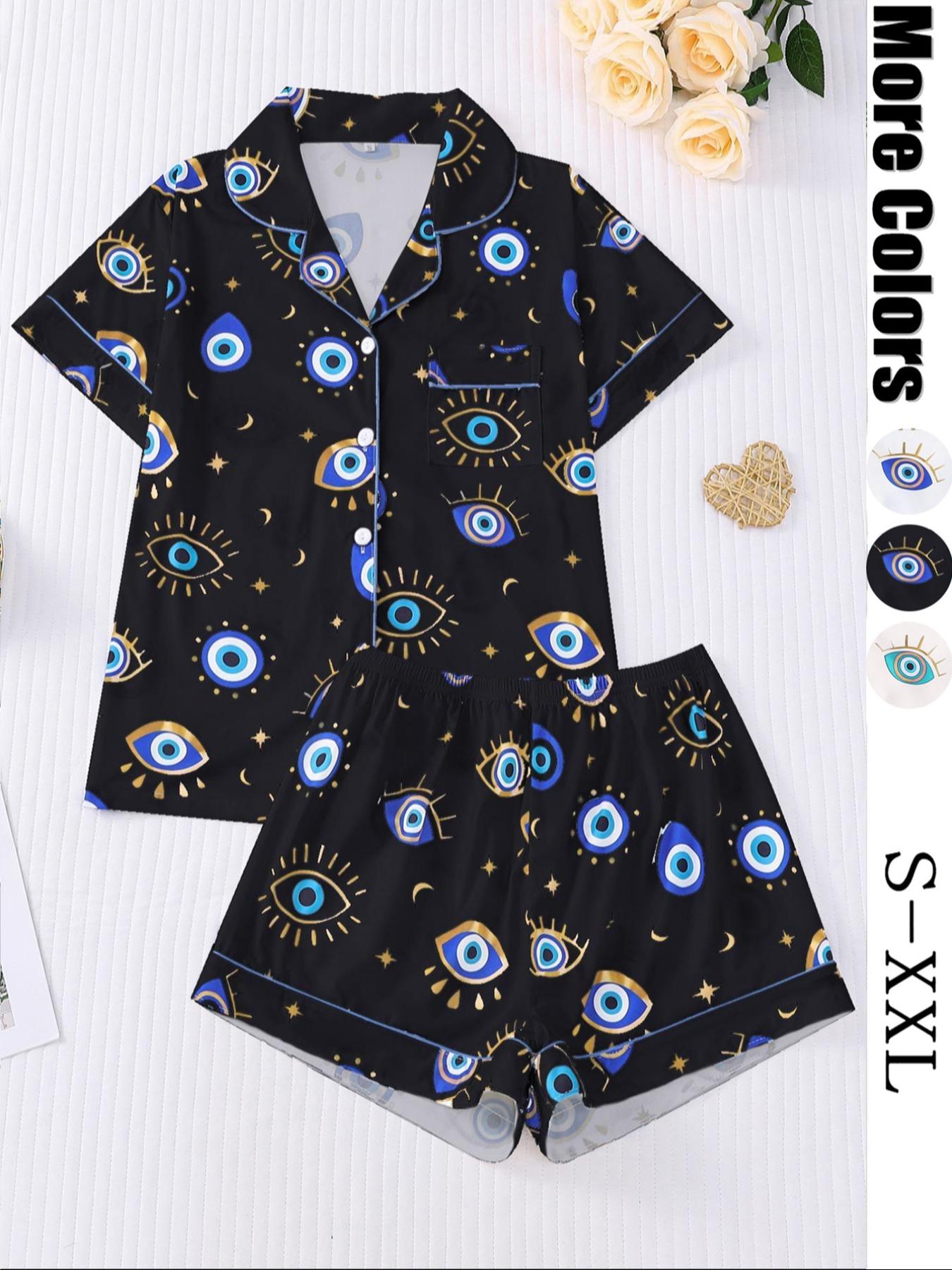 Women's All Over Cartoon Eye Print Short Sleeve Two-Piece Set, Comfy Button-Front Chest Pocket Lapel Neck Top & Elastic Waist Shorts PJ Set, Ladies Sleepwear for All Seasons, Pajamas, Loungewear