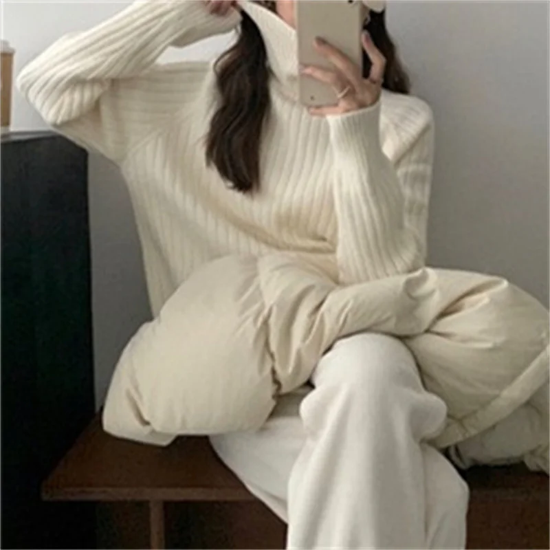 Ueong Ueong Version Contracted High Neck Add Thick Sweater Female Pit Loose Lazy Knit Sweater New All-Match Casual Jacket