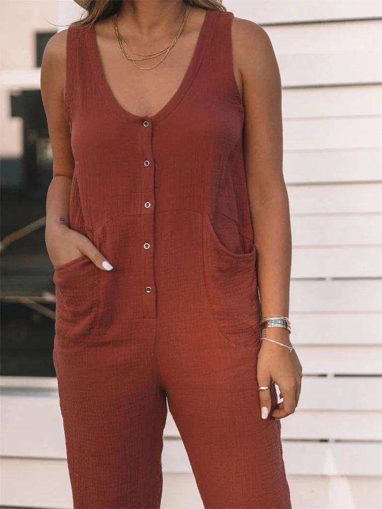 Button Up V Neck Casual Jumpsuit