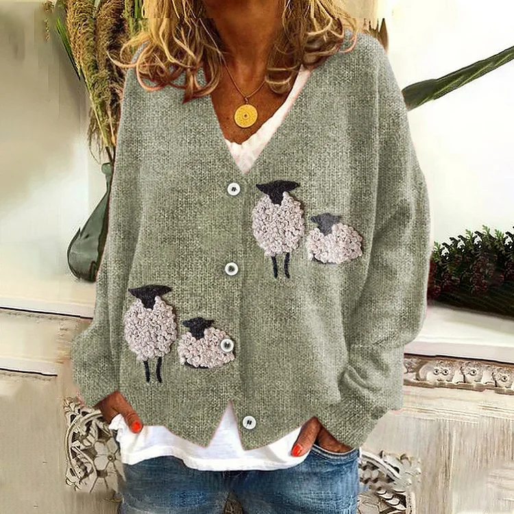 VChics Cute Sheep Pattern Cozy Knit Cardigan
