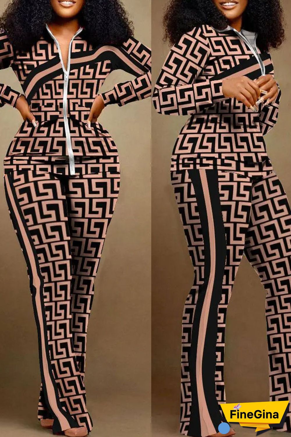 Coffee Casual Street Print Patchwork Zipper Long Sleeve Two Pieces