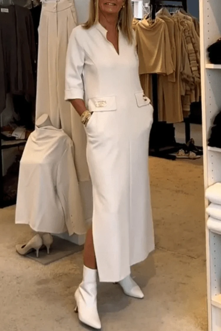 Women's Elegant Fashion Simple Temperament Lapel Button Pocket Maxi Dress