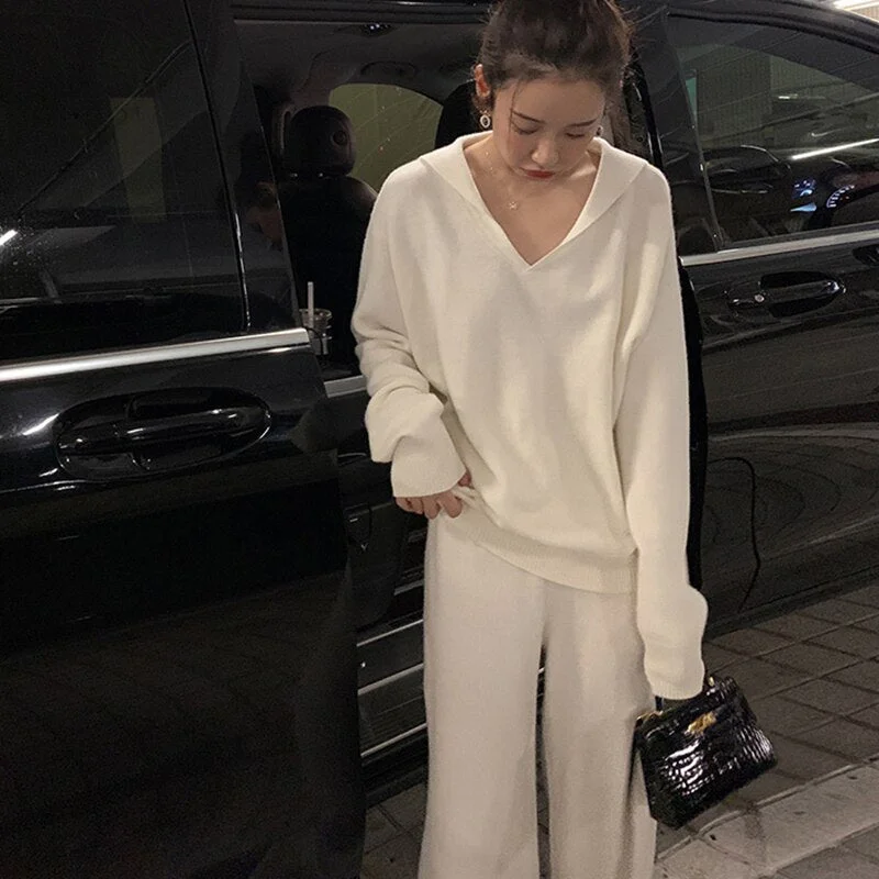 Casual Loose 2 Pieces Women Sweater Set Autumn Winter Sailor Collar Knitted Pullovers & Straight Pants 2022 Female Knitted Set