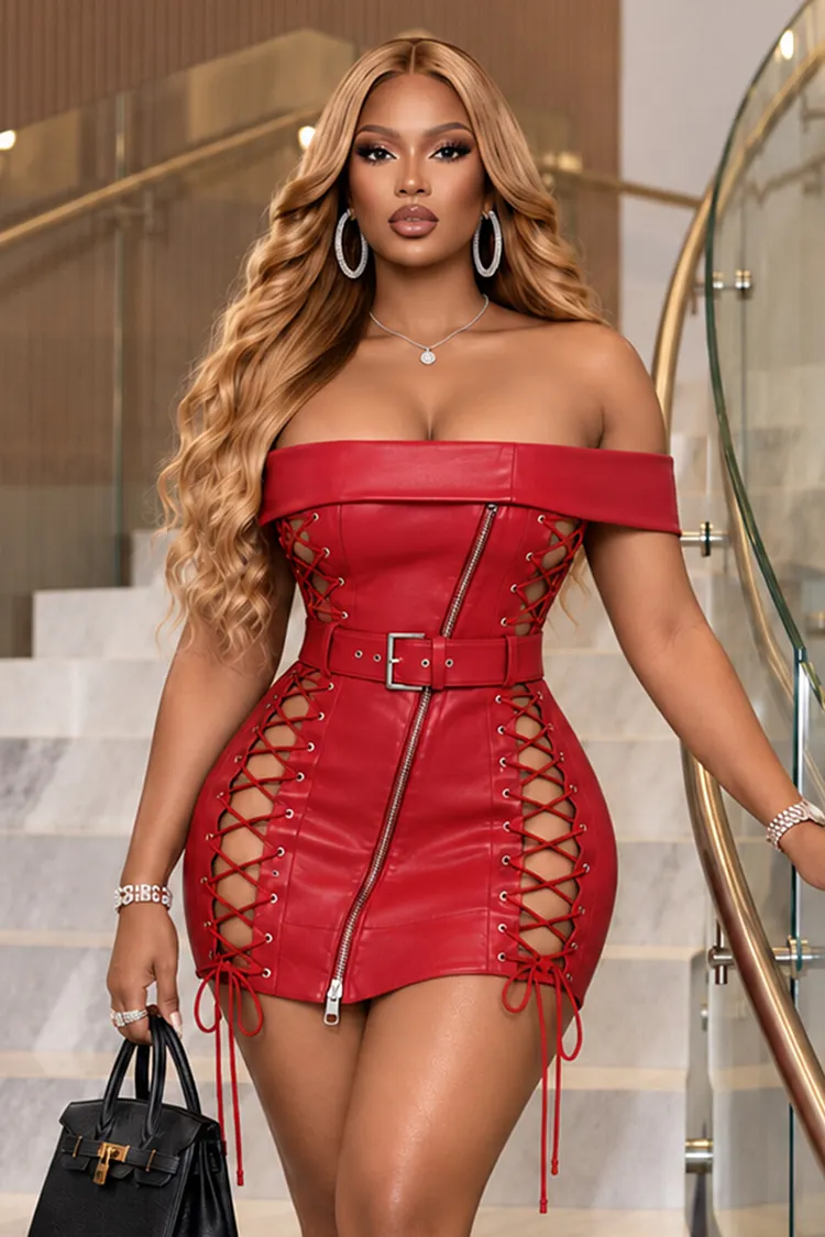 lace up dress bodycon PU Leather Off Shoulder Lace-Up Zipper Mini Dresses-Red [Pre Order] Cara Multiway Maxi Dress Cc:The Archives Blazer Bust Size:38 a stylish lace