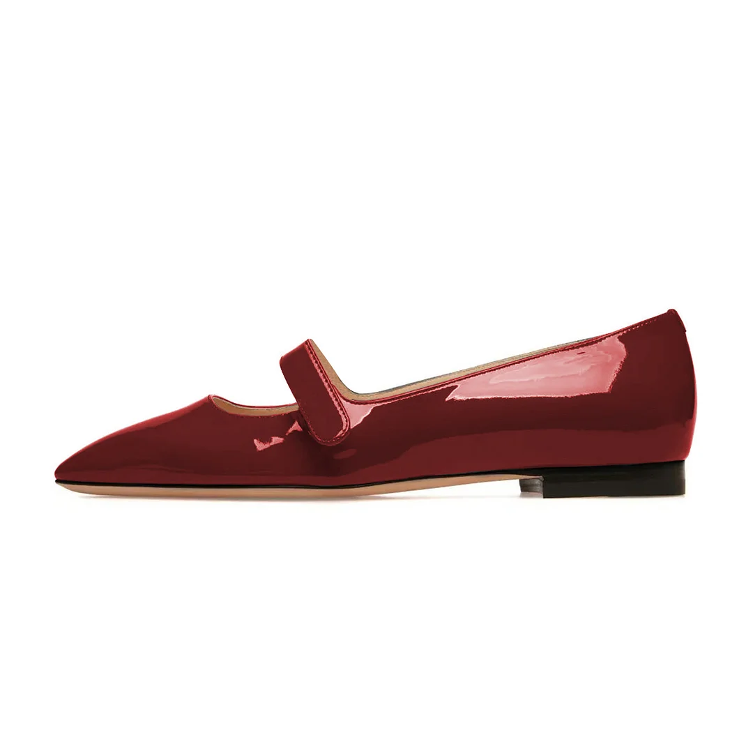 Simple Burgundy Patent Leather Square Toe Flat Shoes for Women