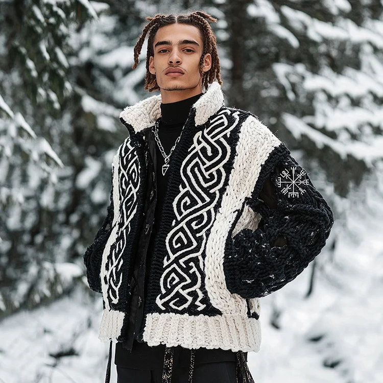 Men's Viking Tribal Geometry Jacquard Celtic Knit Cardigan Sweater