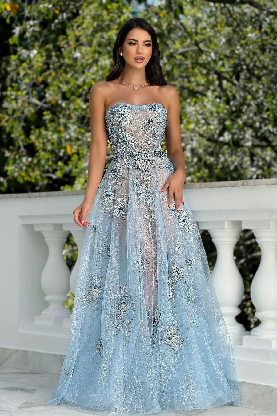 Lisliy Shinning Tulle Light Blue Sleeveless Strapless Beadings Prom Dress with Applique