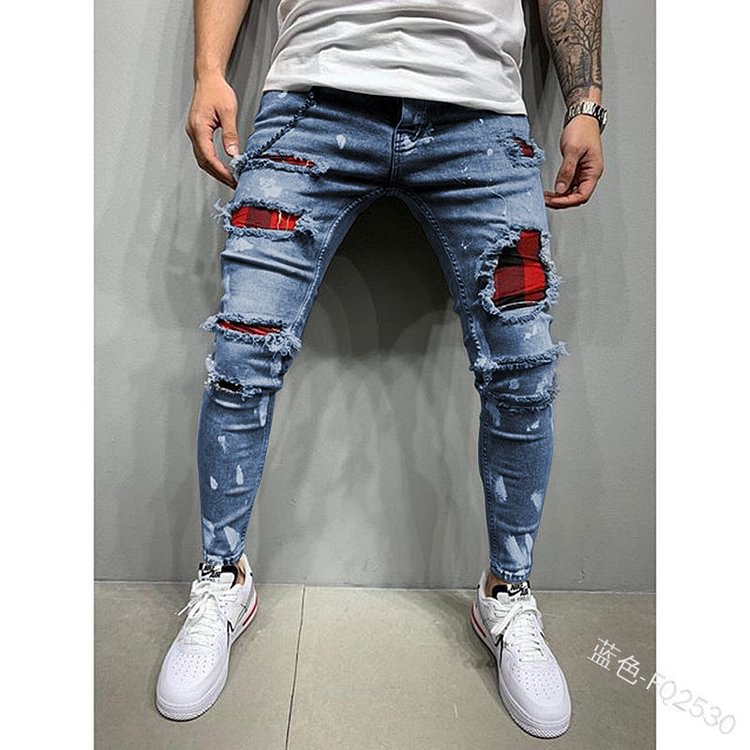 Men's slim fit ripped ankle-tied pants