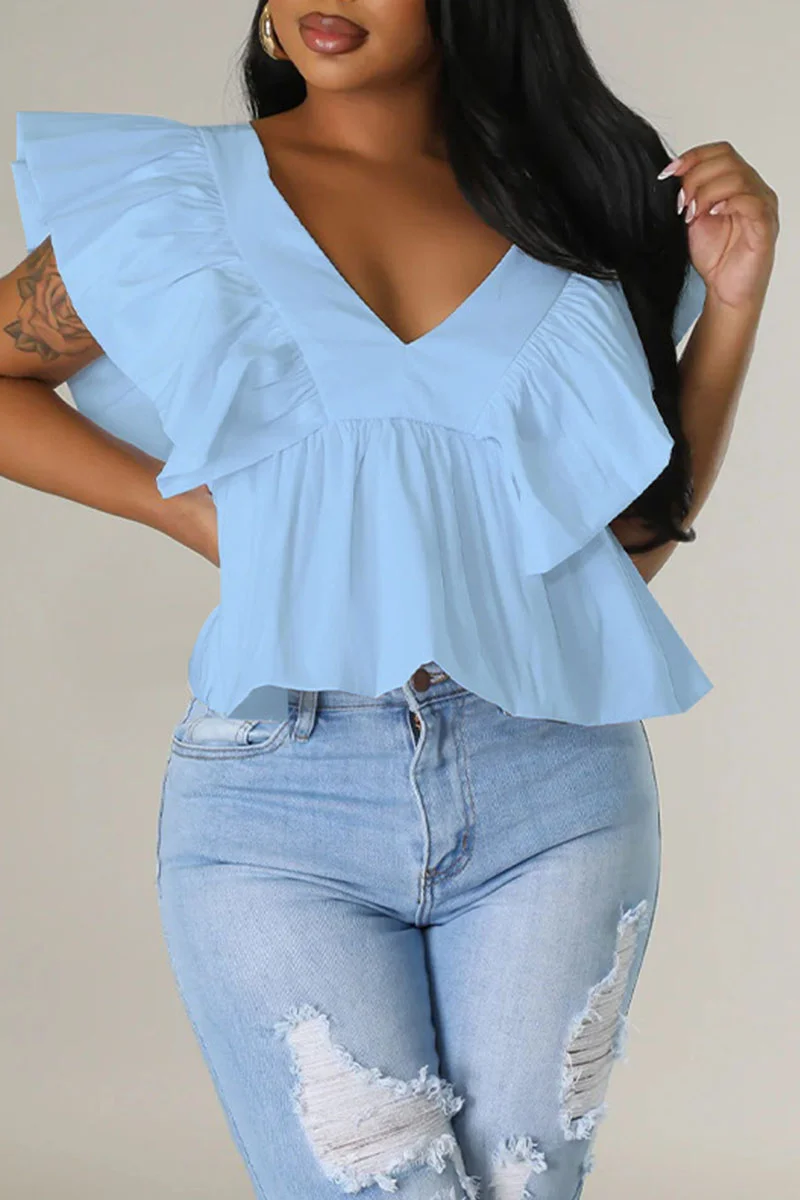 Light Blue Casual Sweet Solid Patchwork Flounce V Neck T-Shirts