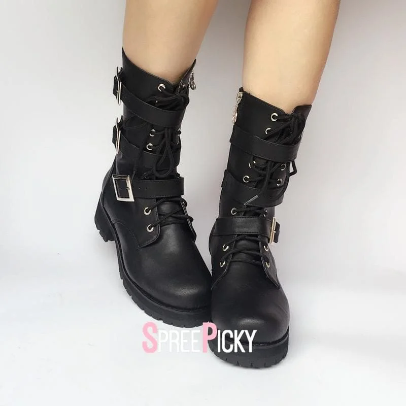 Black Punk Belted Buckle Boots SP179998