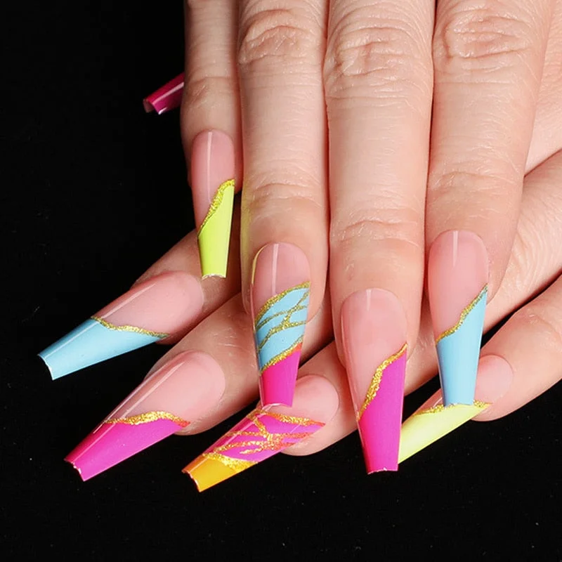 24pcs/box fake nails with glue designed colourful Gold thread rainbow paragraph press on nails coffin girls nail tips stick-on-Nail Inspo