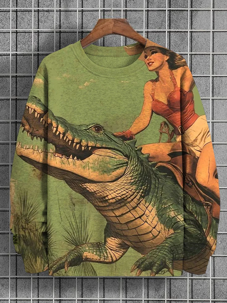 Men's Vintage Cowgirl And Alligator Art Print Casual Sweatshirt