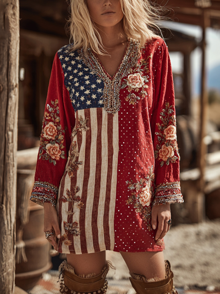 Women's Retro Floral And Flag Art Splicing Loose V-neck Dress Westsshops