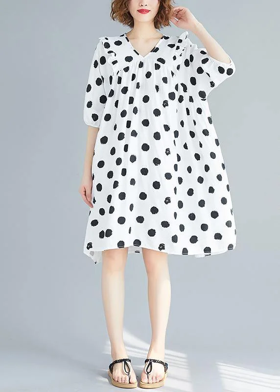 French v neck Cinched Tunics Shirts white dotted Dress summer