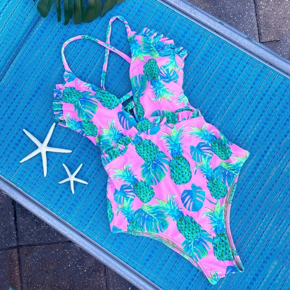 2021 New Pineapple Printed Women One Piece Swimsuit Summer Beachwear Padded Push Up Swimwear Cut Out Bathing Suit Monokini