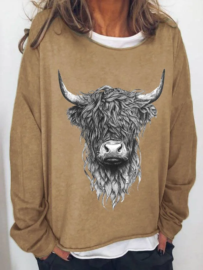 Women's Highland Cow Print Casual Sweatshirt socialshop