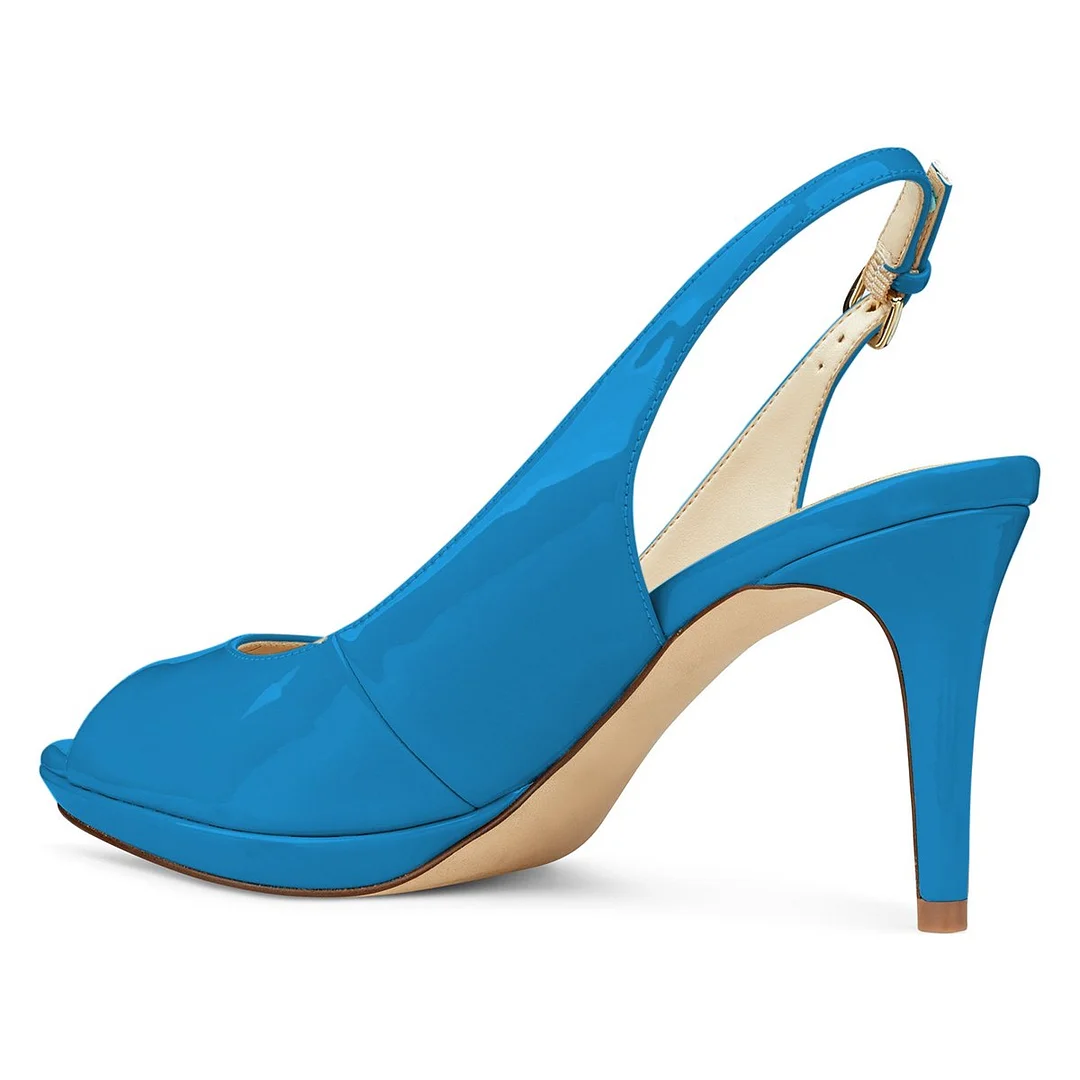 Blue Patent Leather Peep Toe Platform Buckle Slingback Sandals