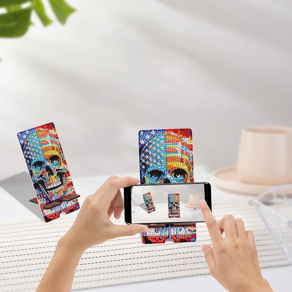 2-Pack Acrylic US Flag Butterfly Skull Diamond Art Phone Stand And Mirror