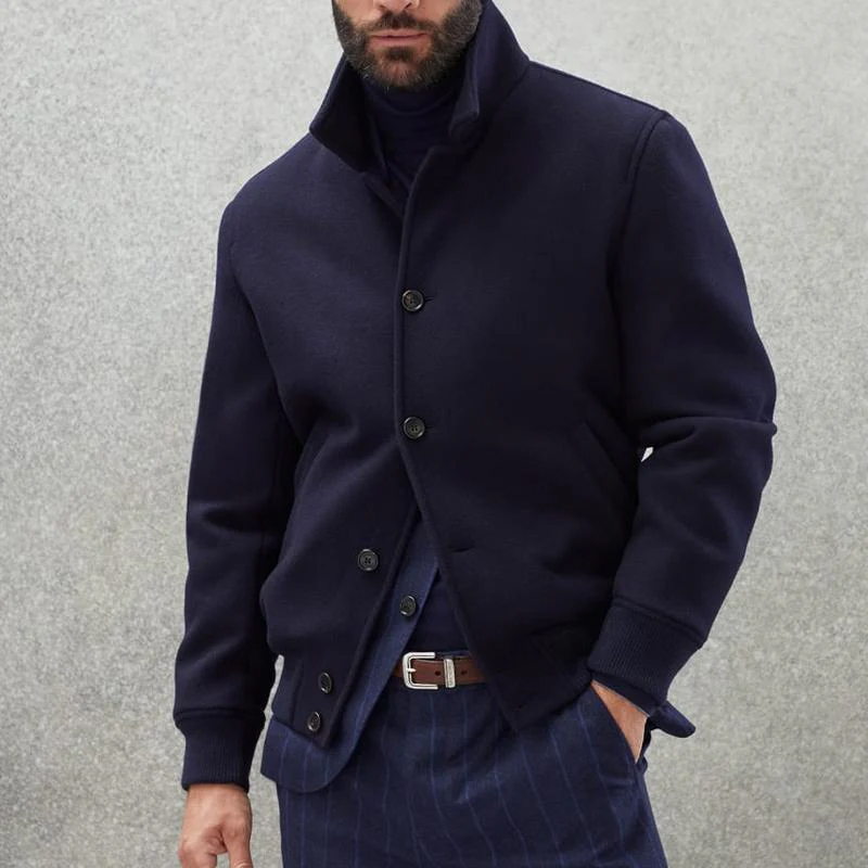 Men's Casual Stand Collar Wool Blend Single Breasted Bomber Jacke