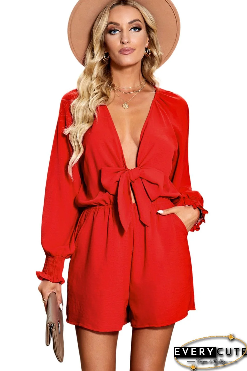 Red Tie Knot Puff Long Sleeve Romper