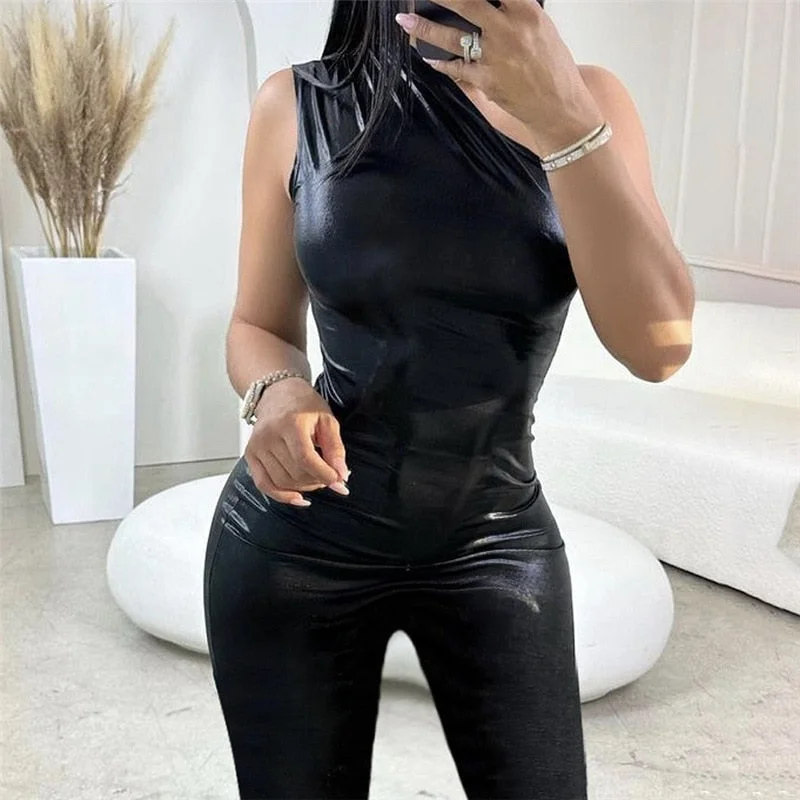 Huibahe Gilding Skinny Jumpsuit Women Sexy One Shoulder Sleeveless Night Club Party One Piece Overalls Casual Y2K Romper