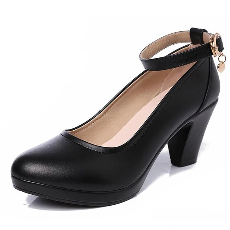 Genuine Leather shoes Women Round Toe Pumps Sapato feminino High Heels Shallow Fashion Black Work Shoe Plus Size 33-43