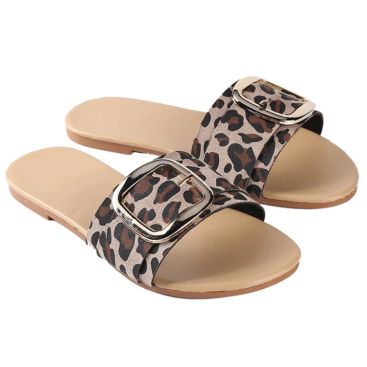 Retro Women Leopard Print Square Buckle Slide Slippers Flat Beach Sandals-Annaletters
