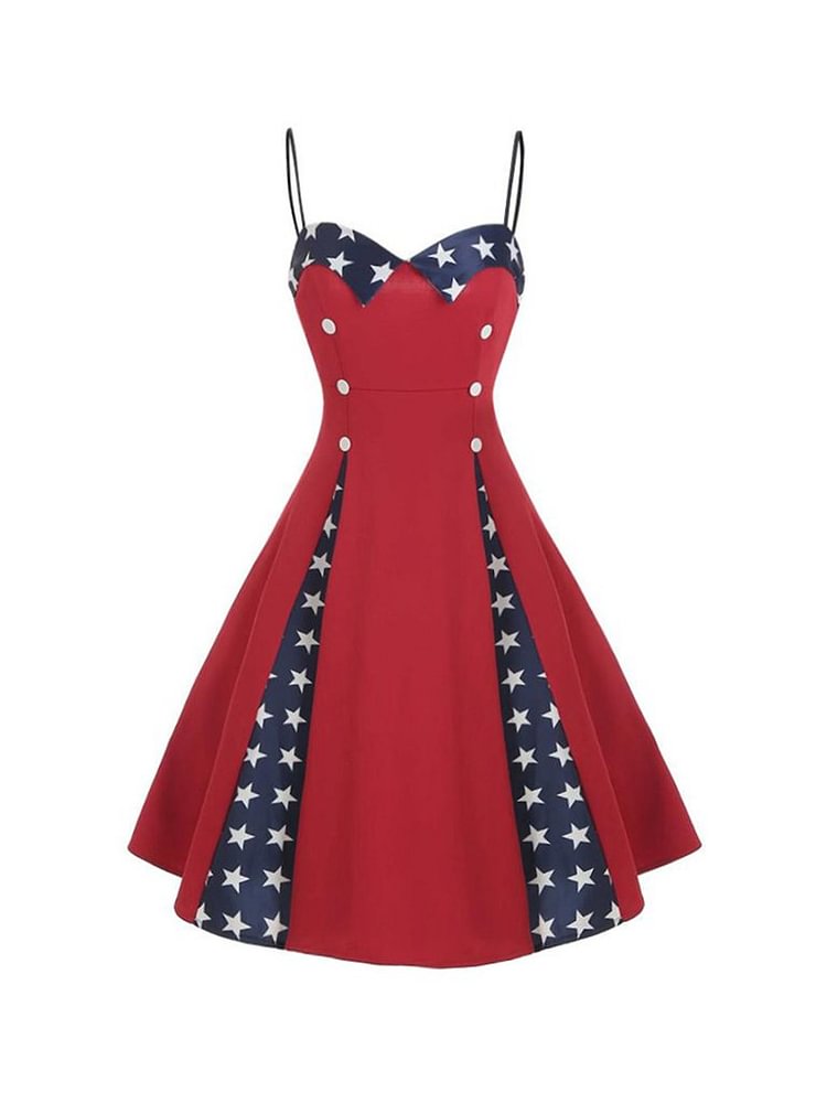 Mayoulove 1950s Vintage Dress Flag  Contrast Button Strap Dress-Mayoulove