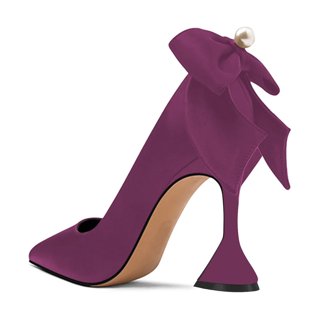 Purple Satin Pearl Bow Pointed Toe Pumps Shoes with Flared Heel
