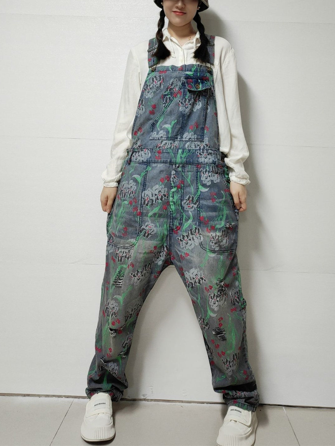 Women's Floral Printed Gradient Casual Retro Wide-leg Workwear Denim Overalls Jumpsuit
