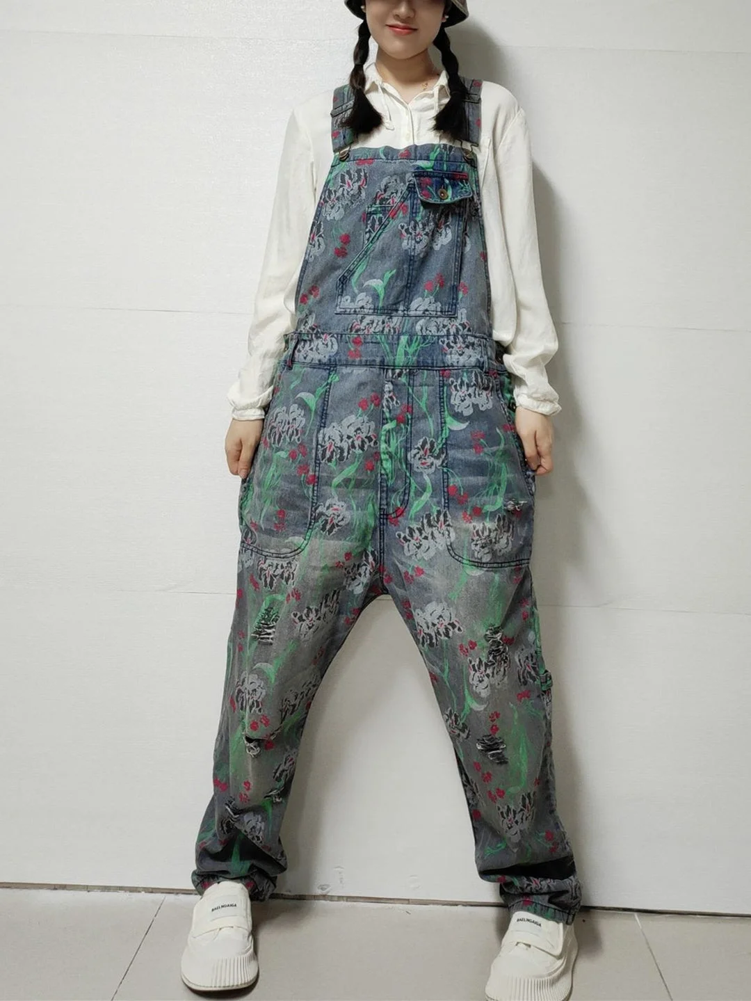 Women's Floral Printed Gradient Casual Retro Wide-leg Workwear Denim Overalls Jumpsuit