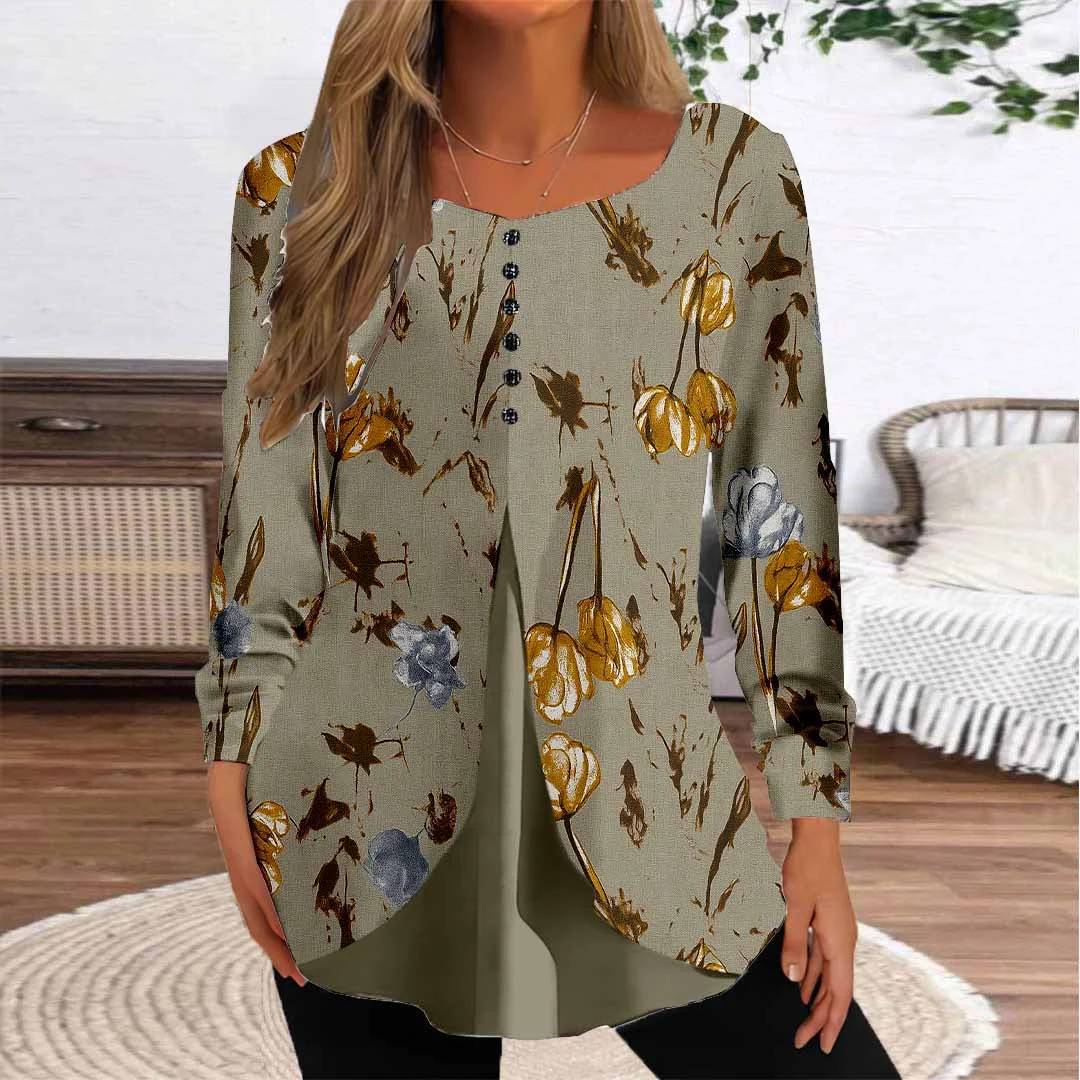 Women Floral,Brown DZGG8276 Long Sleeve Scoop Neck Printed Graphic Button Fake 2in1 Tops