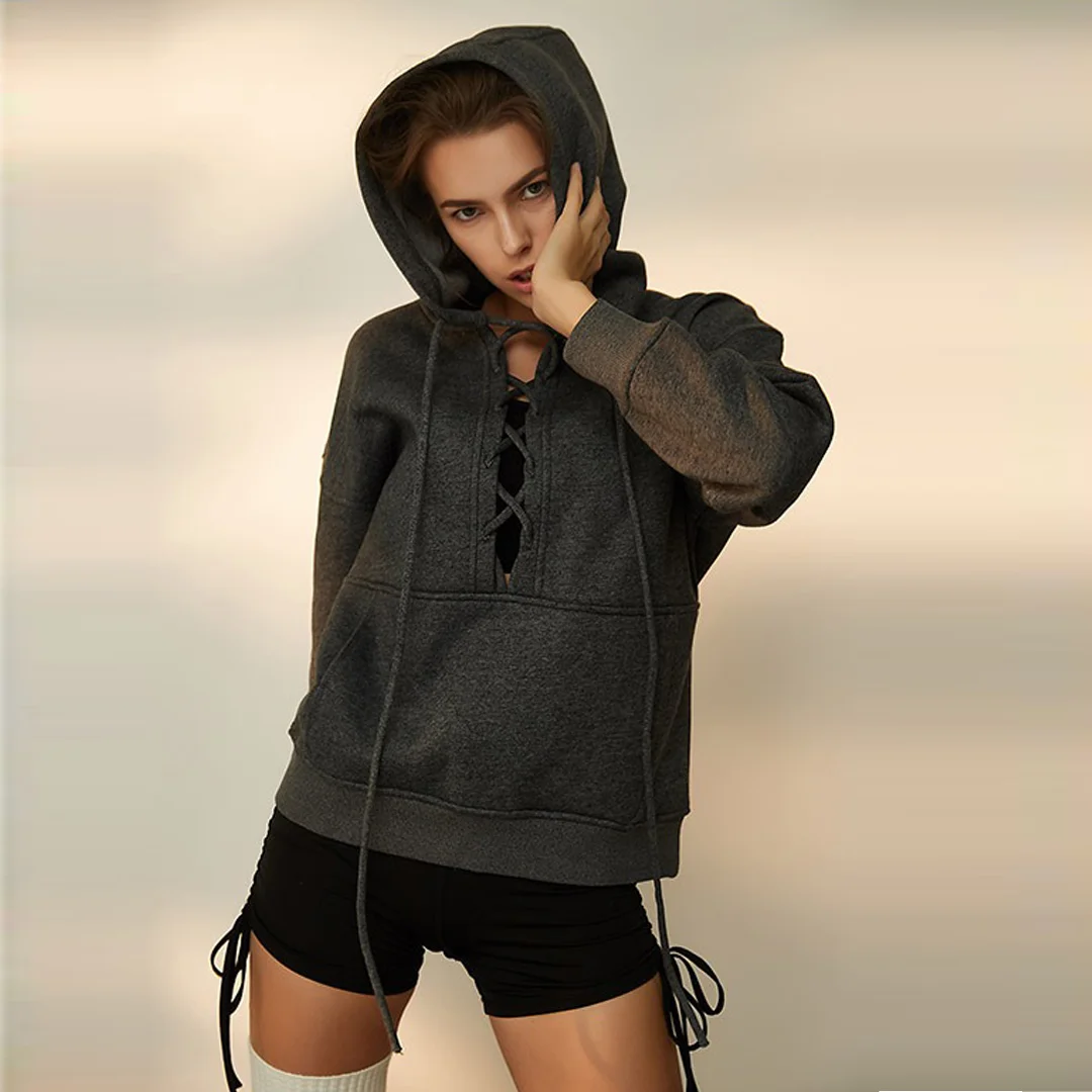 Chest drawstring ties cotton hoodie